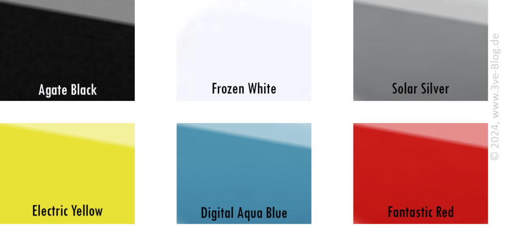 Farbpalette: Lackierungen für den Ford Puma Gen-E (2025) - Agate Black, Frozen White, Solar Silver, Electric Yellow, Digital Aqua Blue, Fantastic Red