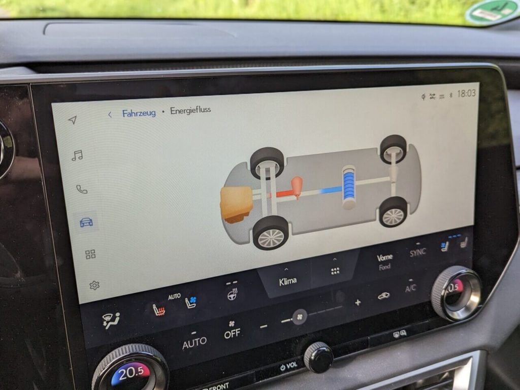Energiefluss: Animation des Hybridantriebs auf dem Infotainment-Display im Lexus RX 500h