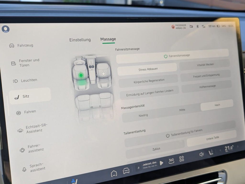 Xpeng G6 mit Massagesitzen serienmäßig: verschiedene Massageprogramme für die beiden Vordersitze.