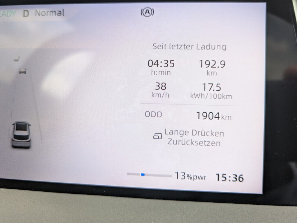 Verbrauch des MG S6 EV mit Heckantrieb laut Bordcomputer bei milden Temperaturen. 