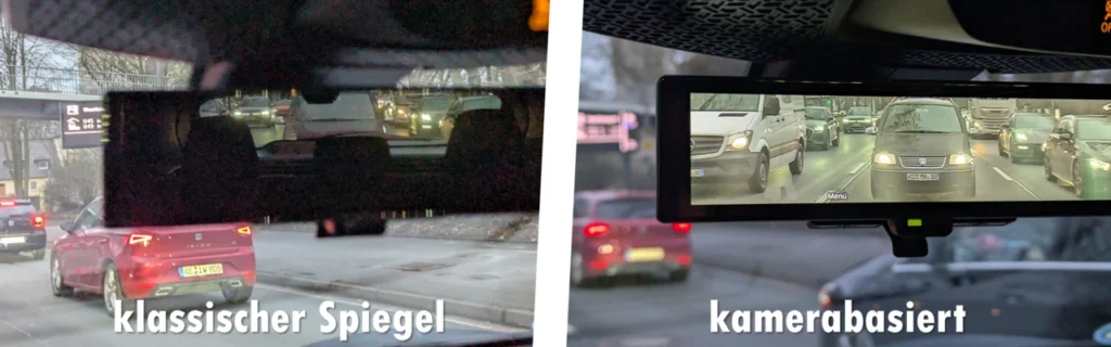 Vergleich klassischer Innenspiegel und kamerabasierte Ansicht vom Nissan Ariya