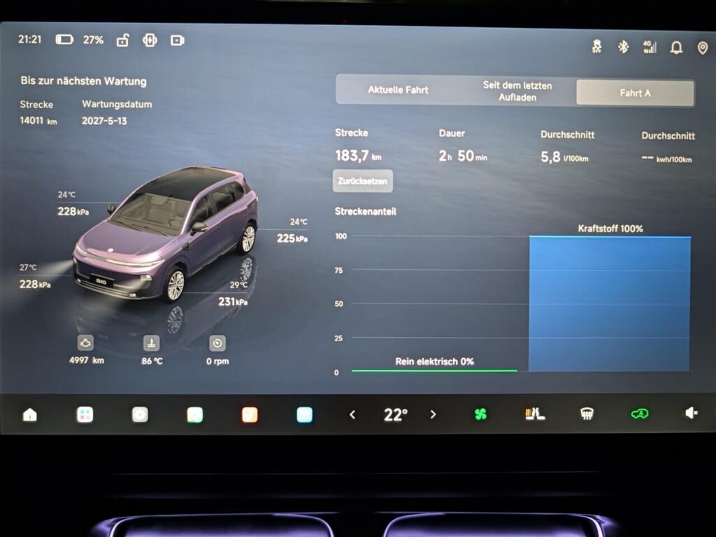 Verbrauch beim Leapmotor B10 Hybrid EV mit leerer Batterie auf der Langstrecke: Benzinverbrauch unter 6 Liter auf 100 km.
