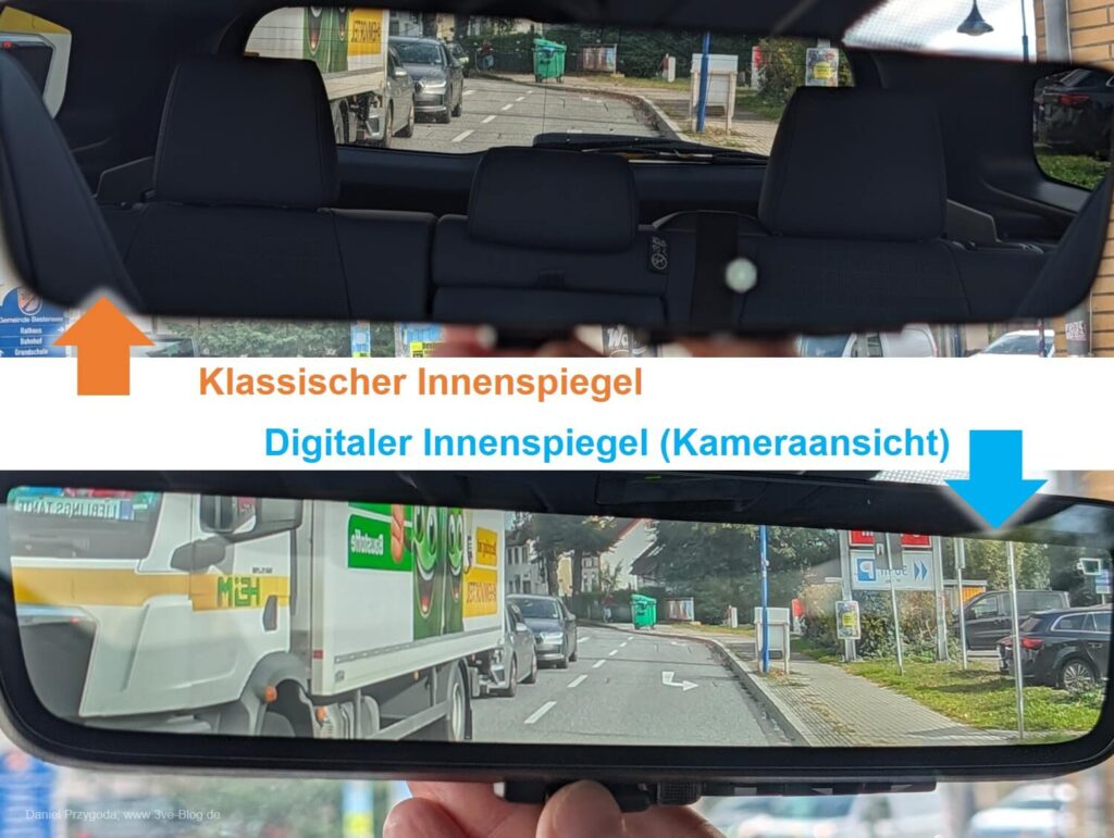 Subaru E-Outback mit klassischem und digitalem Innenspiegel im Vergleich.
